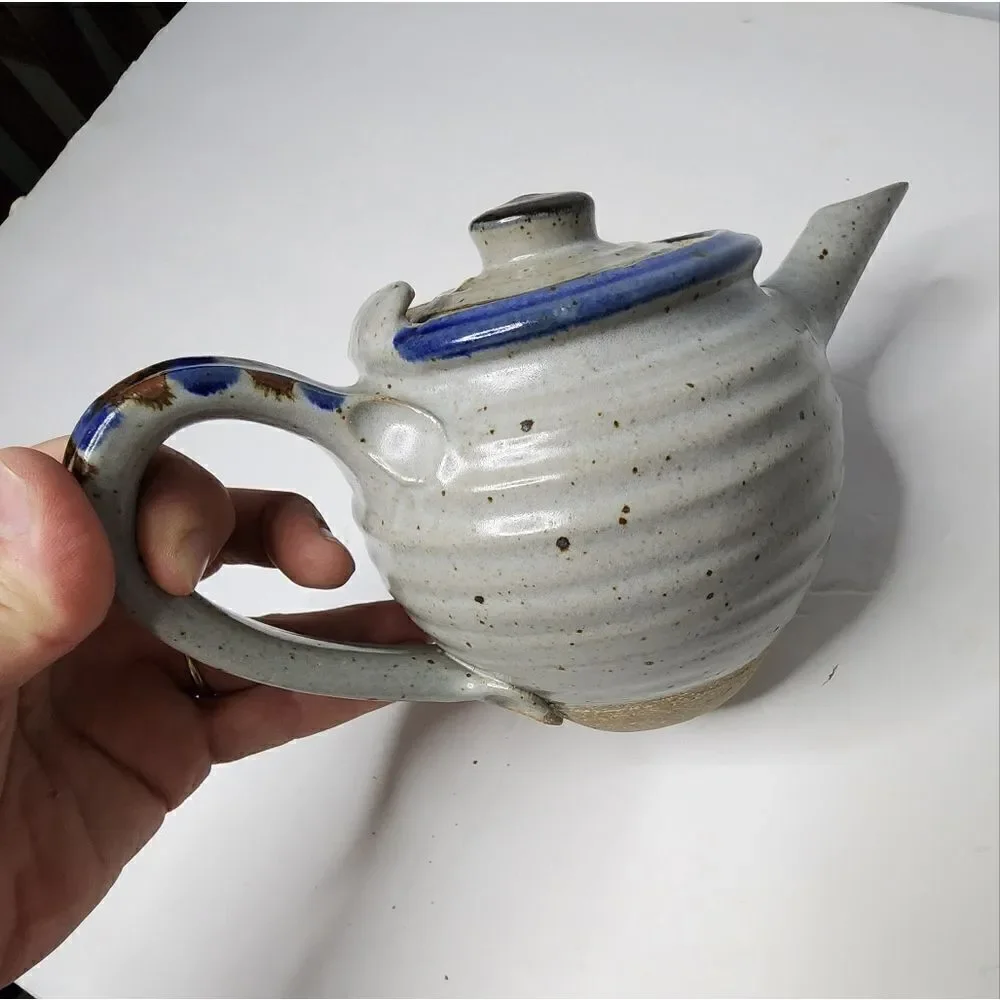 Vintage STONEWARE STUDIO ART CLAY POTTERY BLUE TEAPOT Stamped